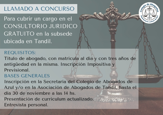 HOY A LAS 14HS CIERRA EL LLAMADO A CONCURSO PARA CONSULTORIO JURÍDICO GRATUITO