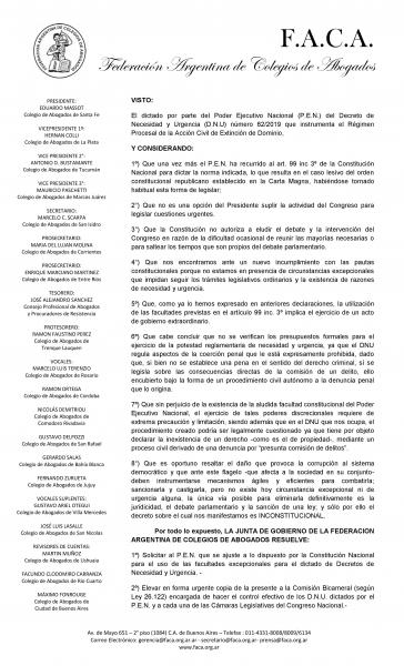 DECLARACIÓN DE LA FACA EN RELACIÓN AL DECRETO N°62/2019