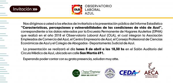 OBSERVATORIO LABORAL AZUL: SE PRESENTARÁN LOS DATOS OBTENIDOS EN LA ENCUESTA DE HOGARES