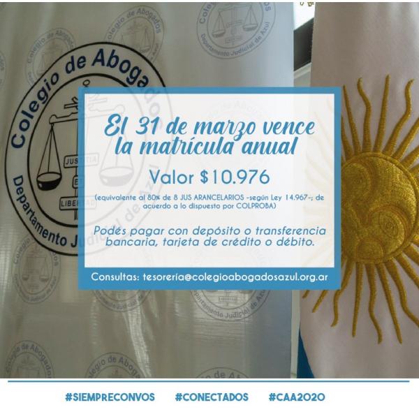 El 31 de marzo vence la matrícula anual.