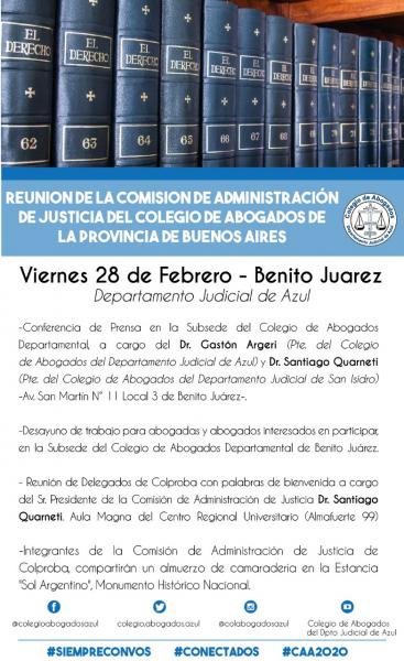 La Comisión de Administración de Justicia del Colproba sesionará en Benito Juárez