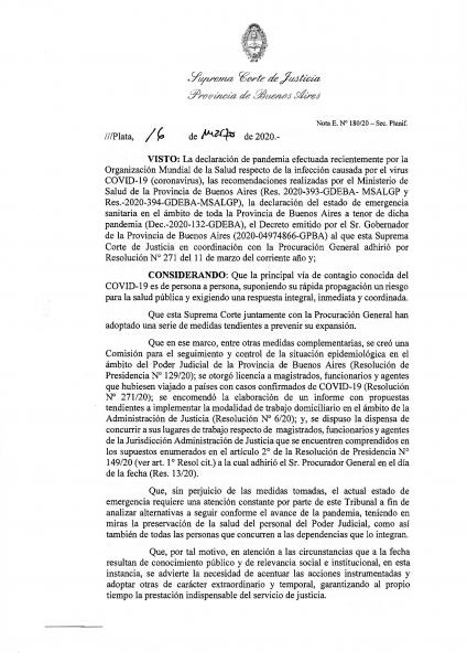 La SCBA dispuso asueto con suspensión de plazos judiciales hasta el 31/03