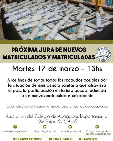 En el Acto de Jura la participación quedará reducida a las nuevas matriculadas y matriculados