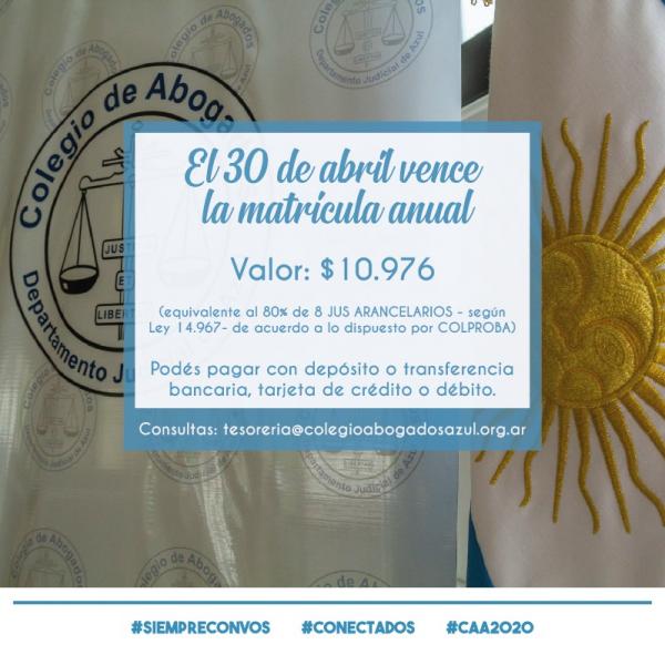 Prórroga del vencimiento del pago de la matrícula 2020