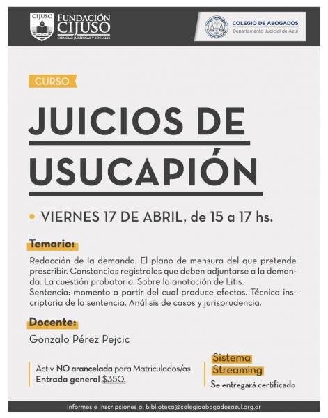 Hoy se dicta el curso "Juicio de Usucapión"