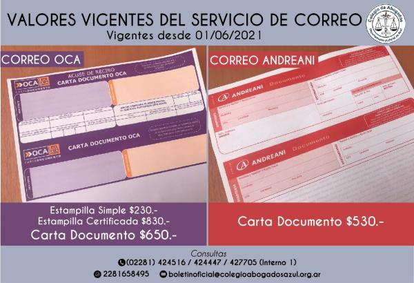 Valores vigentes del Servicio de Correo
