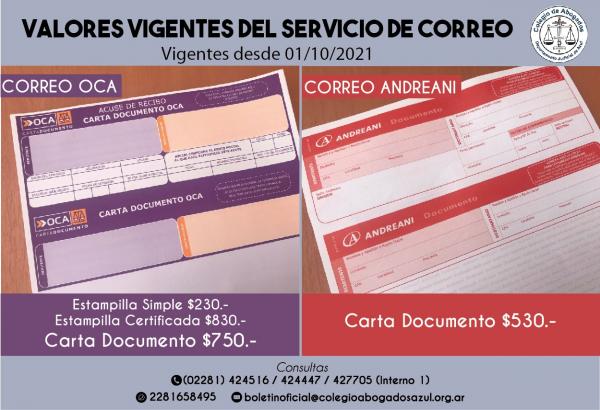 Valores vigentes del Servicio de Correo