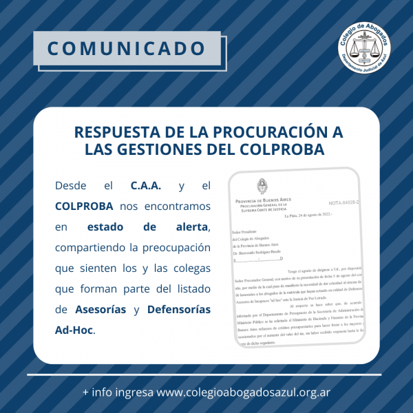 Respuesta de la Procuración a las gestiones del COLPROBA respecto de las Asesorías y Defensorías Ad-Hoc