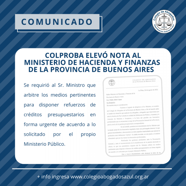 COLPROBA elevó nota al Ministerio de Hacienda y Finanzas de la Provincia de Buenos Aires