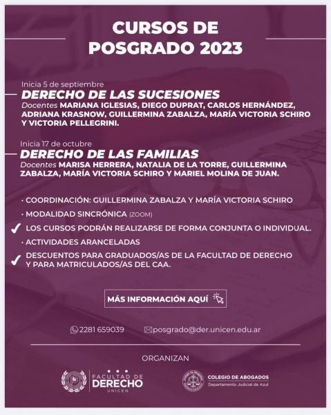 Cursos de posgrado de actualización sobre Derecho de Familias y Derecho Sucesorio⁣