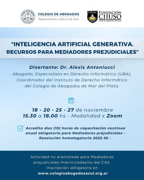 “Inteligencia artificial generativa. Recursos para Mediadores prejudiciales”. 