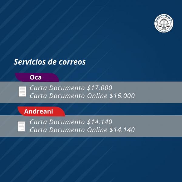 Valores vigentes para el envío de Carta Documento