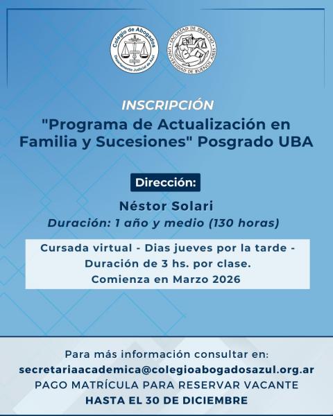 Se abrió la inscripción al Posgrado UBA en Familia y Sucesiones