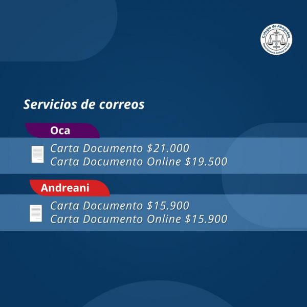 Valores vigentes para el envío de Carta Documento