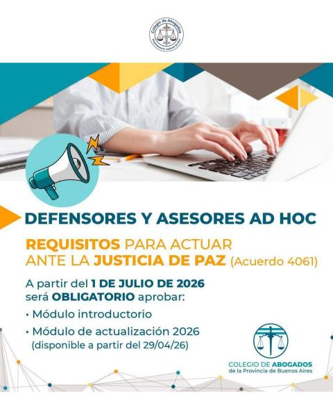 Capacitación 2026 para defensores y asesores ad hoc ante la Justicia de Paz
