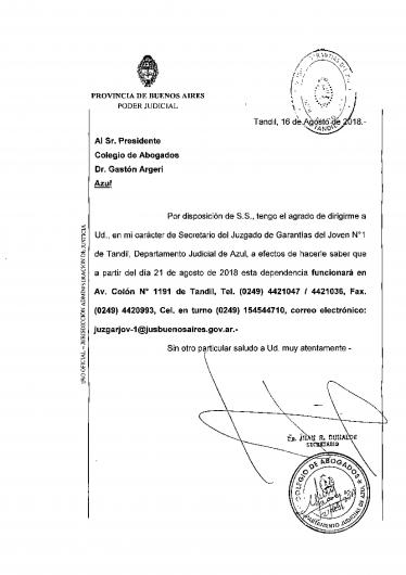 TANDIL: JUZGADO DE GARANTÍAS DEL JOVEN N° 1