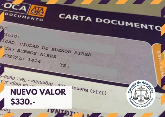 CONVENIO CON OCA – NUEVO VALOR DE LA CARTA DOCUMENTO