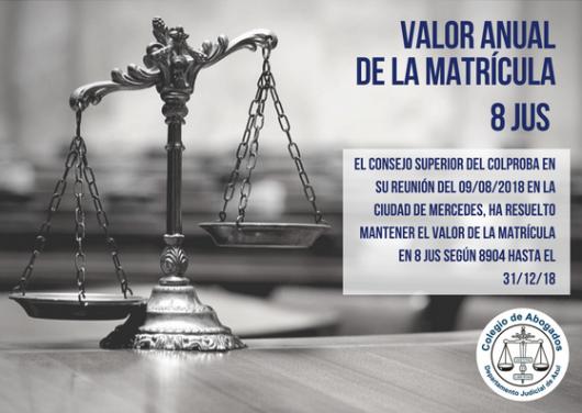 COLPROBA: Se mantiene la matrícula en 8 JUS durante 2018