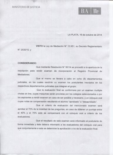 Disposición de Examen de incorporación al Registro Provincial de Mediadores 2014